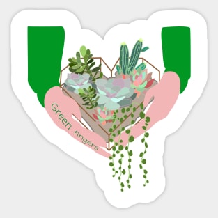 Green Fingers, girl holding succulent terrarium with cactus, agava, string of pearls Sticker
